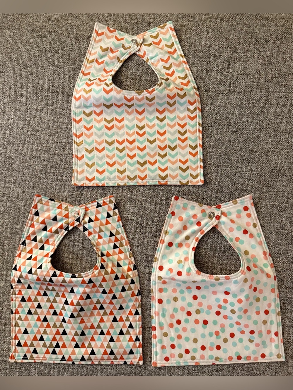 Set of 3 NEW hand-sewn bibs - Chevron/Circles/Triangles